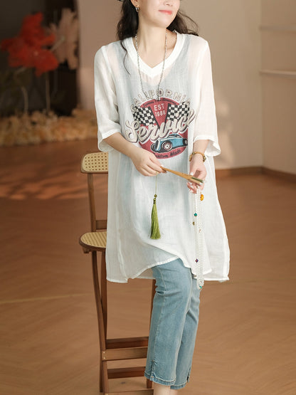 Women Summer Casual Print V-Neck Ramie Long Shirt LL022