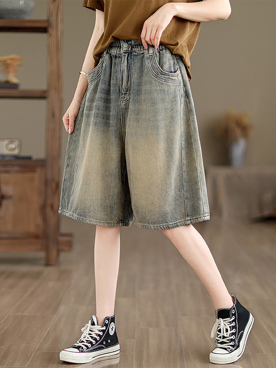 Women Summer Worn Denim Wide-leg Fifth Pants CC037