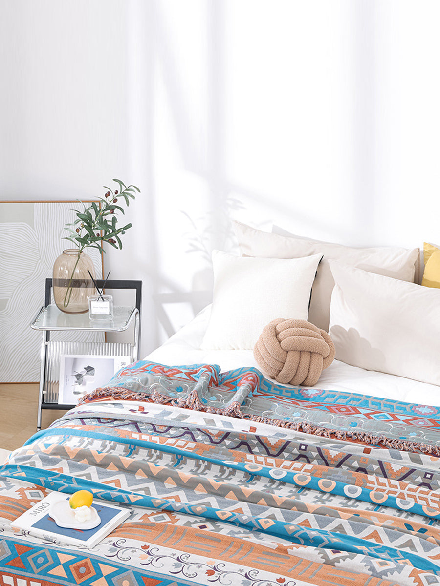 Cotton Summer Nap Ethnic Jacquard Tassel Spliced Blanket AS1033