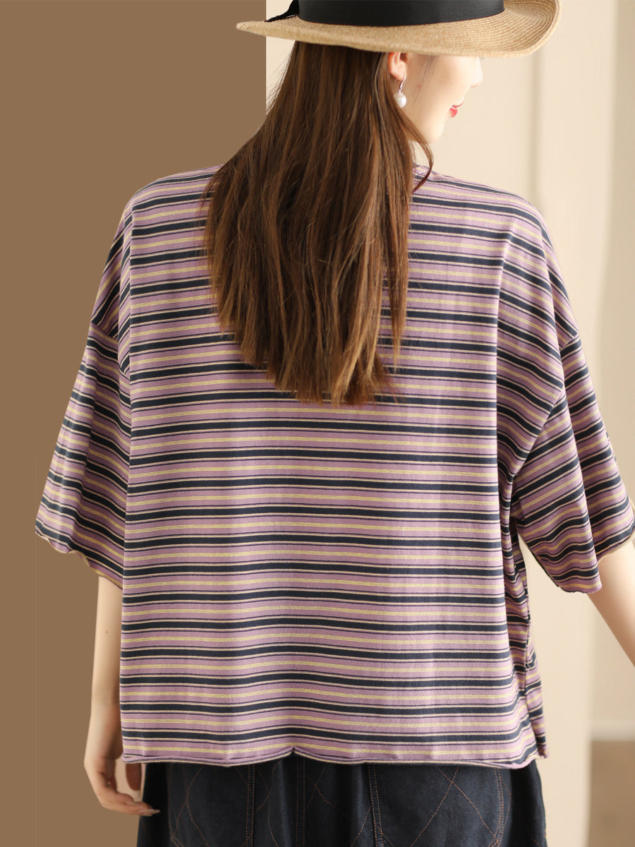 Women Casual Summer Stripe Spliced Loose Shirt CO1047