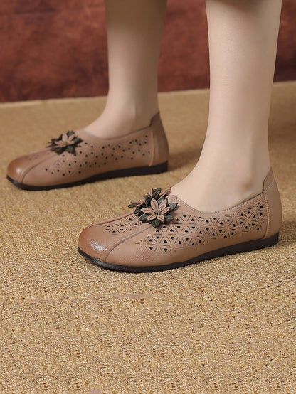 Women Vintage Leather Flower Cutout Flat Shoes PA1026