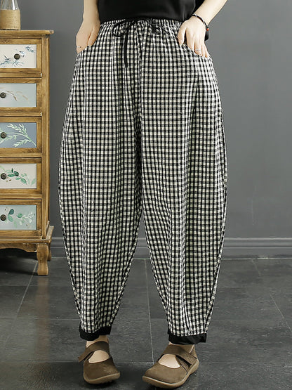 Women Vintage Plaid Summer Cotton Harem Pants QW1044