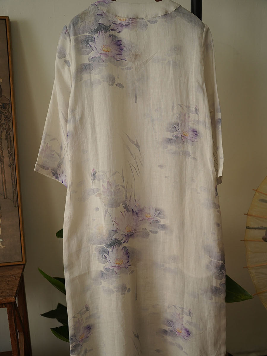 Robe en ramie à col en V et boutons à fleurs ethniques pour femmes OO1002