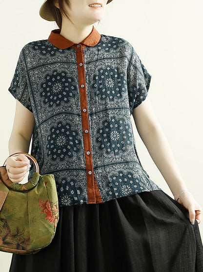 Women Summer Vintage Flower Button-up Ramie Shirt CV1054