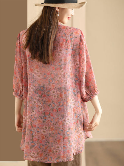 Women Summer Artsy Floral Spliced Ramie Long Shirt TY1024