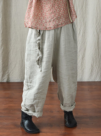 Women Casual Solid Drawstring Loose Linen Turnip Pants CX045