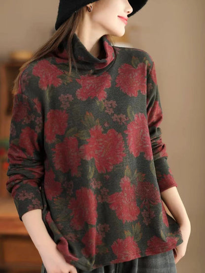 Women Vintage Autumn Flower Turtleneck Sweatshirt AK1023