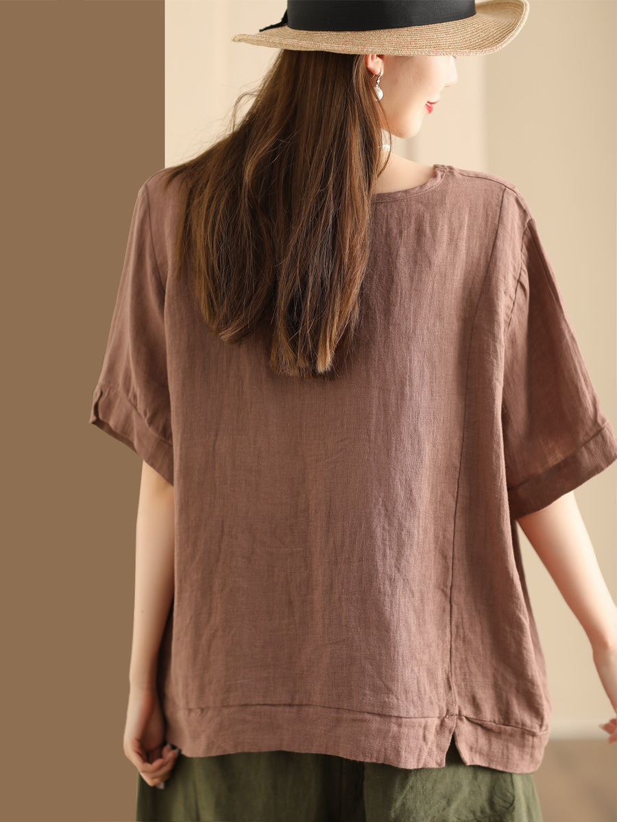 Women Casual  Summer Print O-Neck Linen Shirt WE1028