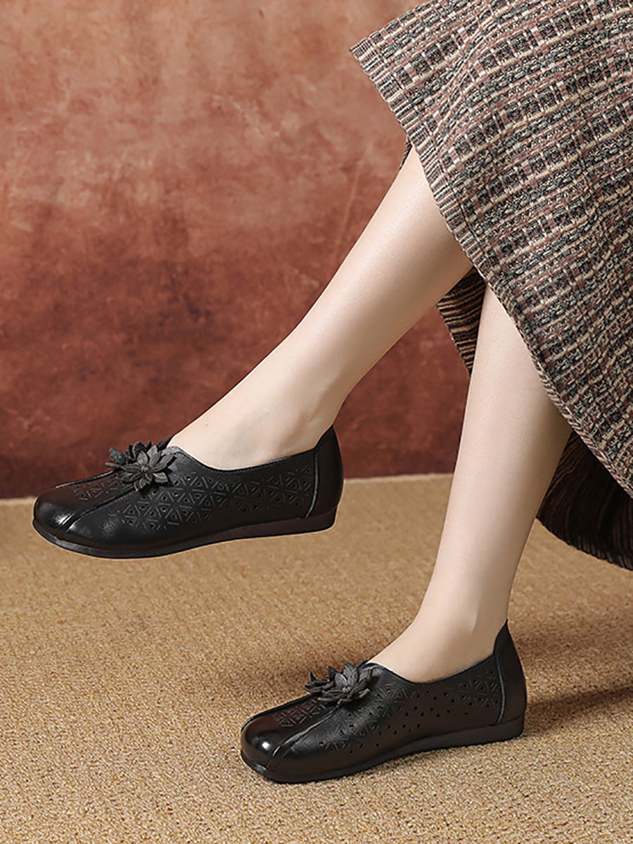 Women Vintage Leather Flower Cutout Flat Shoes KL1034