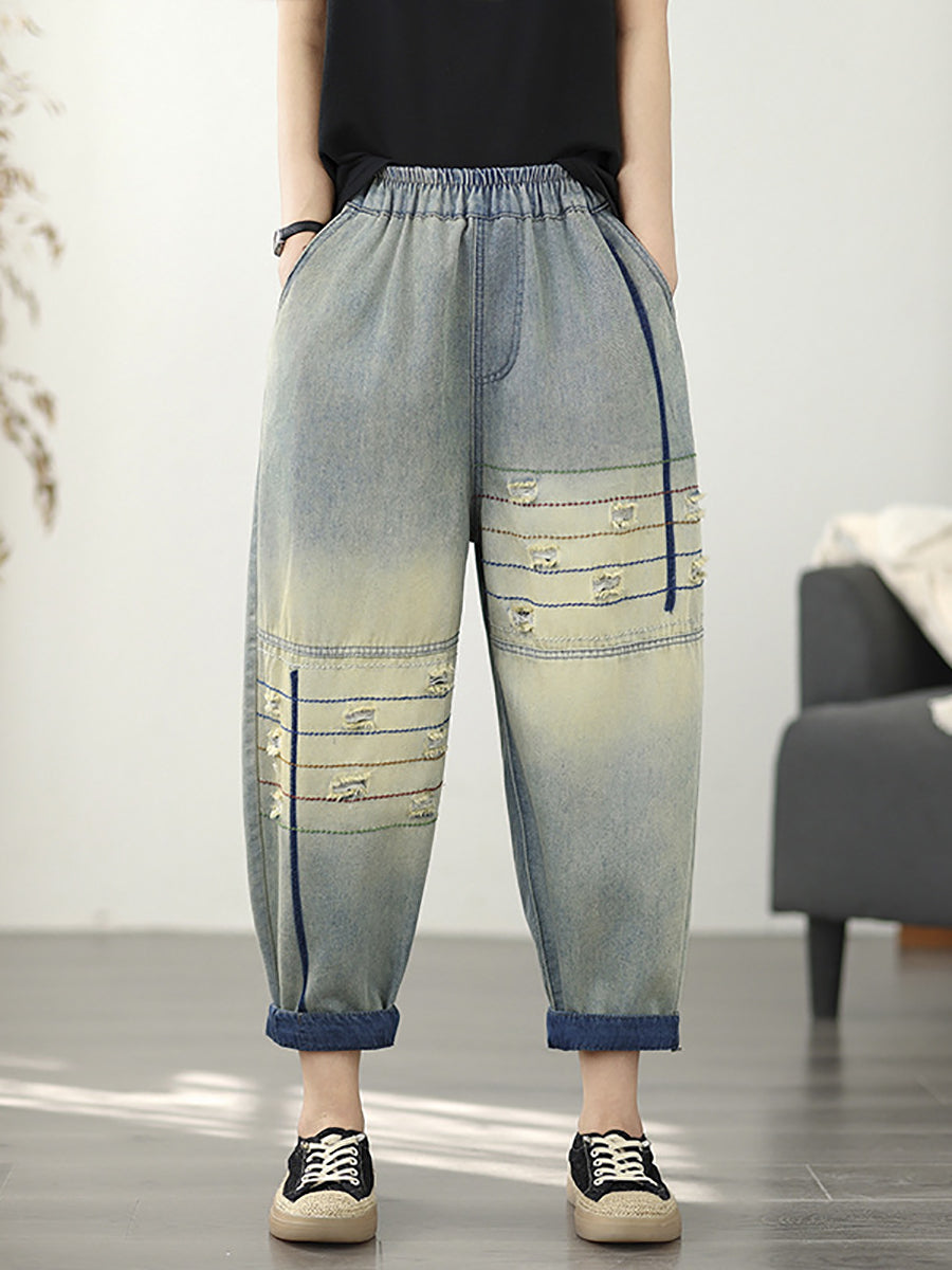Hose Ausgefranste Retro Denim Haremshose Damen 