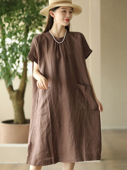 Women Summer Casual Solid Pocket O-Neck Linen Dress FD051