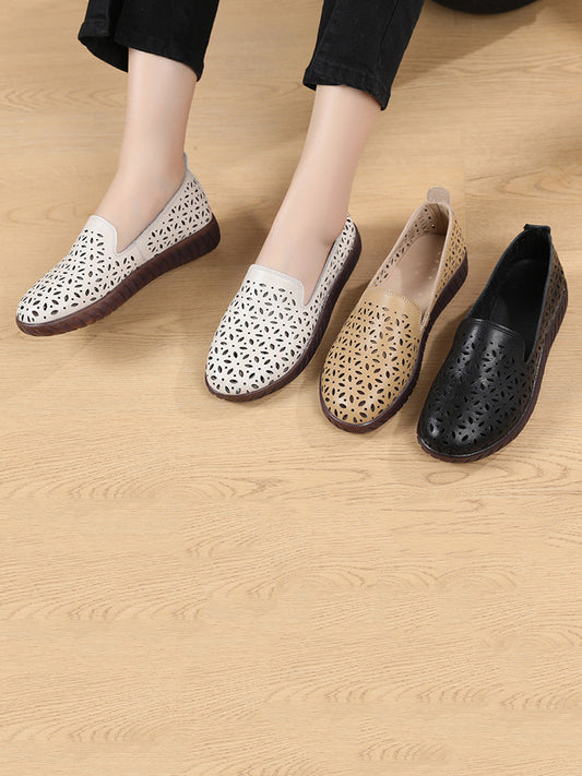 Women Summer Solid Leather Cutout Flat Soft Shoes UI1027