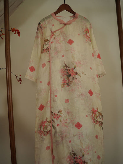 Women Artsy Floral Vintage Ramie Robe Dress XX1025