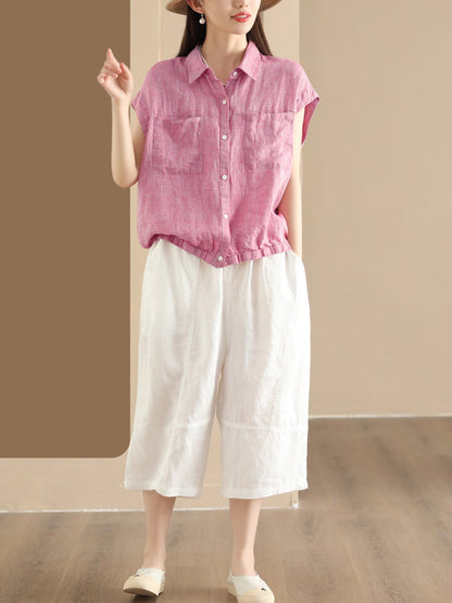 Women Summer Casual Plaid Button-up Linen Shirt HH013