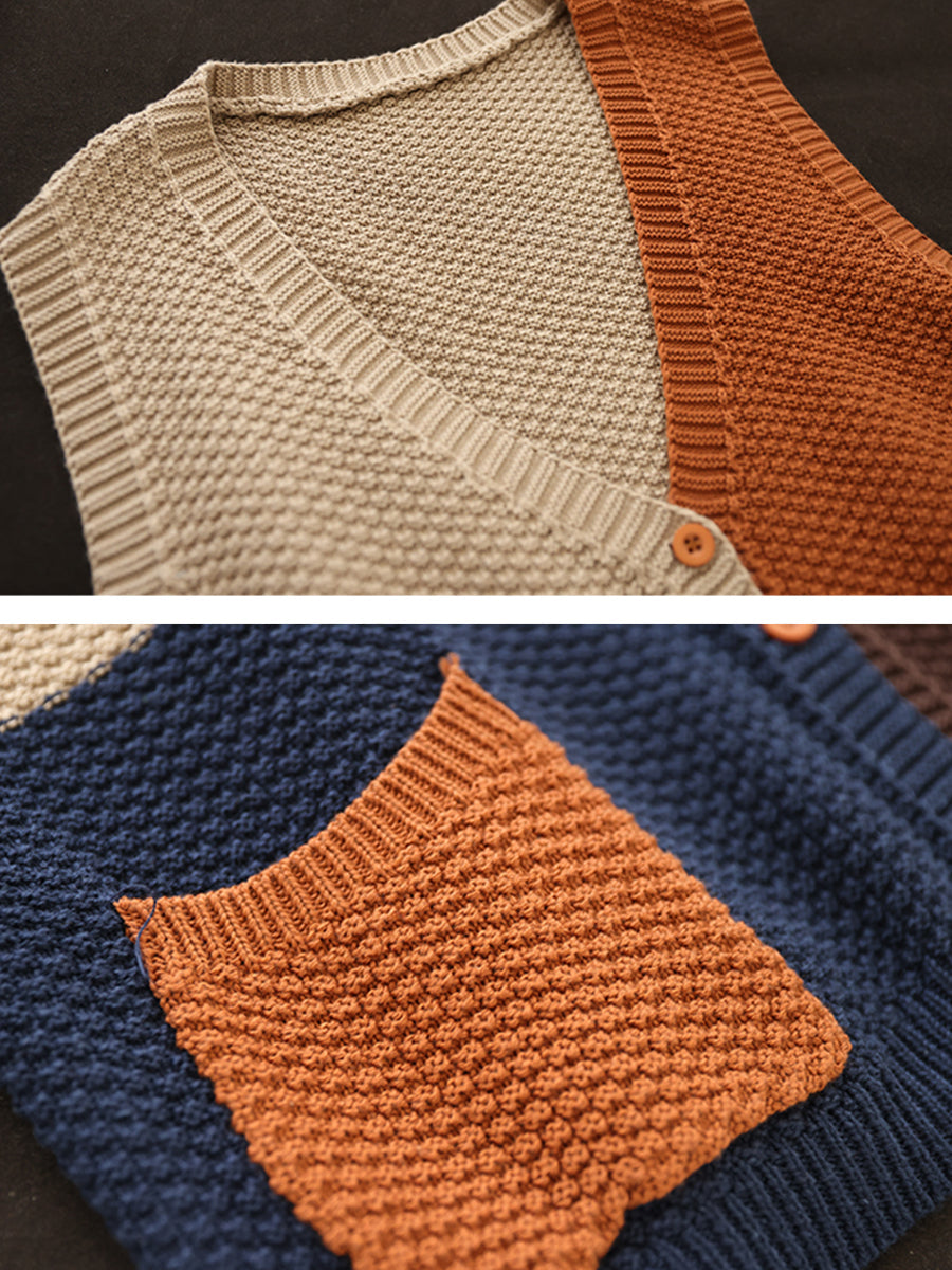 Women Autumn Colorblock Knitted V-Neck Vest CV1029