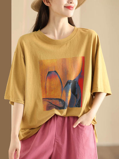 Women Summer Casual Print O-Neck Loose Shirt HH042