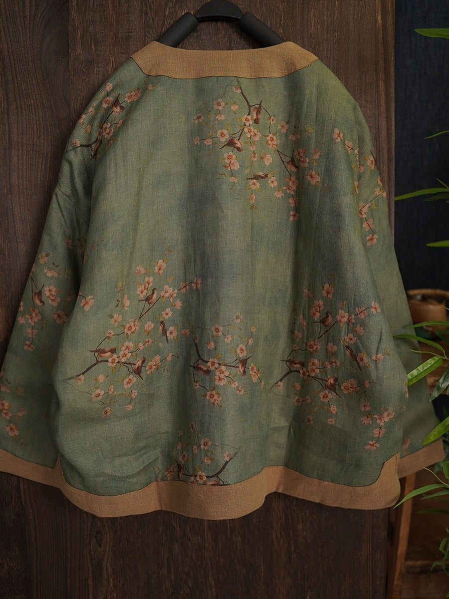 Women Autumn Ethnic Colorblock Flower Linen Short Coat AH1045