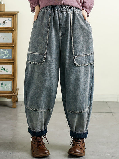 Women Summer Denim Solid Spliced Harem Pants QW1016