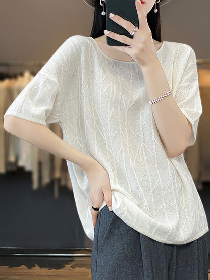 Women Summer Solid Jacquard Loose Half-Sleeve Shirt WE1033