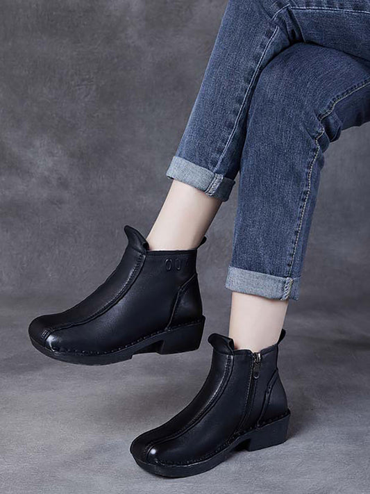 Women Autumn Genuine Leather Spliced Mid-Heel Boots AH1050