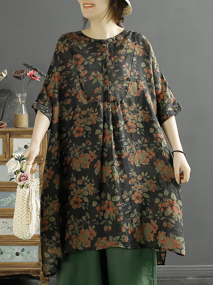 Chemise longue d'été à imprimé floral vintage en ramie pour femme KL1052