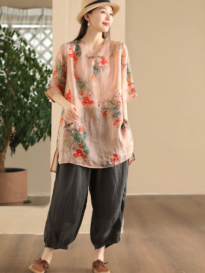 Women Summer Vintage Flower Buckle Ramie Long Shirt LL039