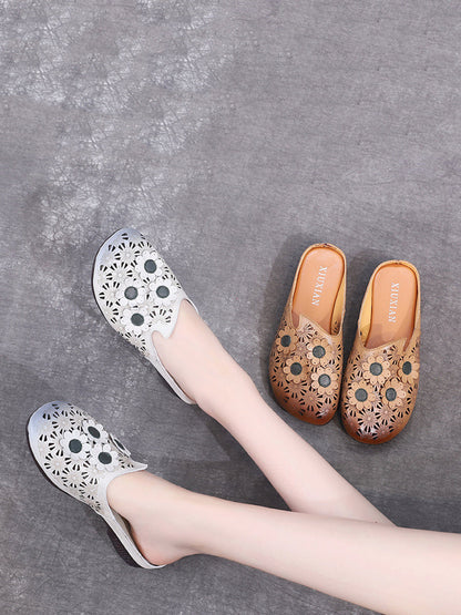 Women Summer Leather Flower Spliced Cutout Slippers OO1019