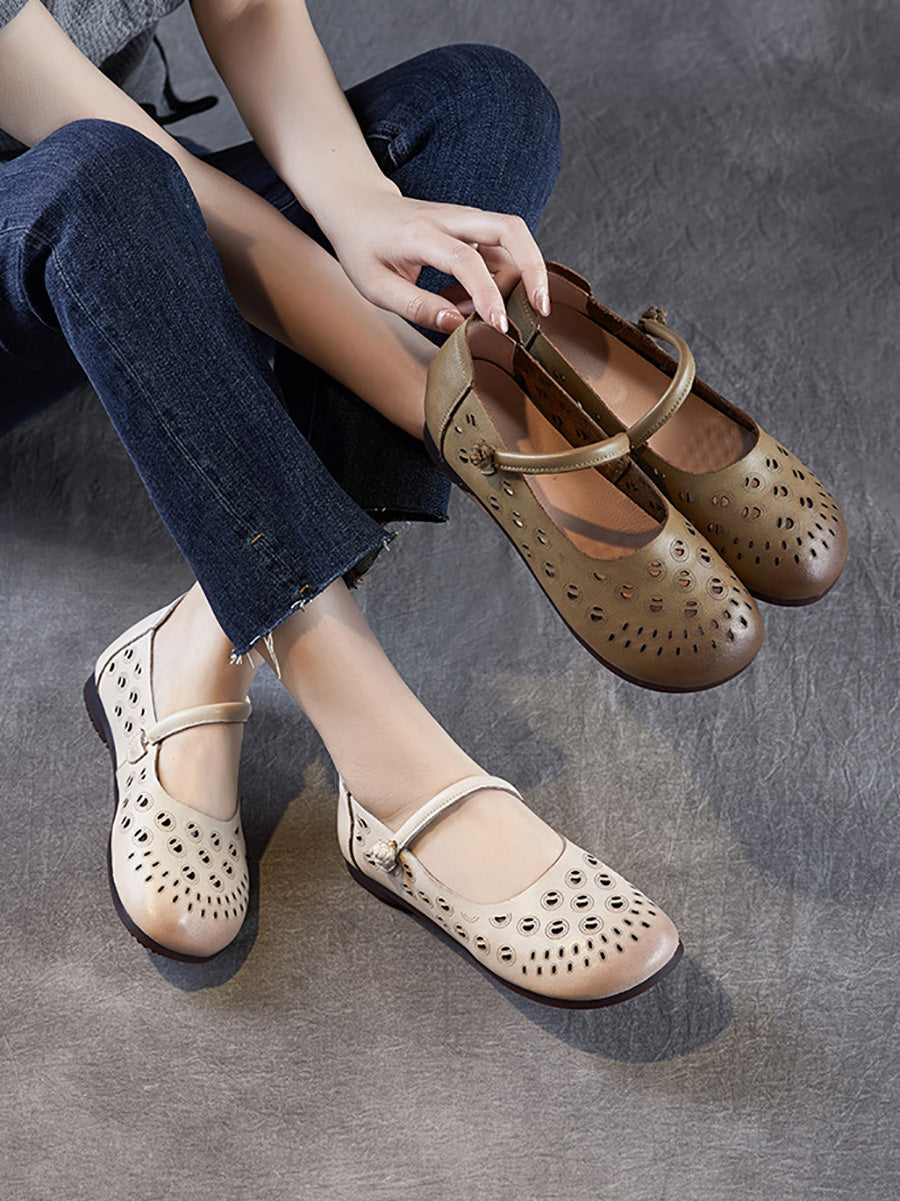 Genuine Shoes Women Summer Hollow Out Heel Low Leather