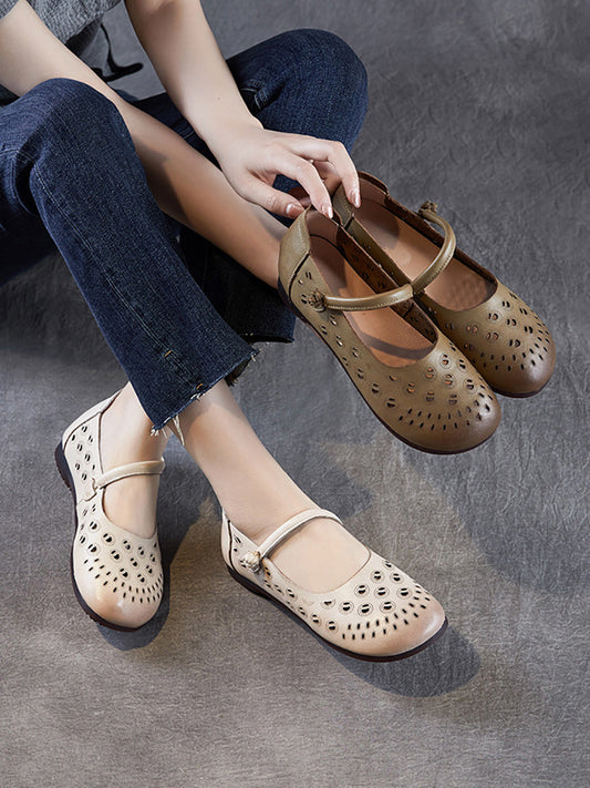 Genuine Shoes Women Summer Hollow Out Heel Low Leather