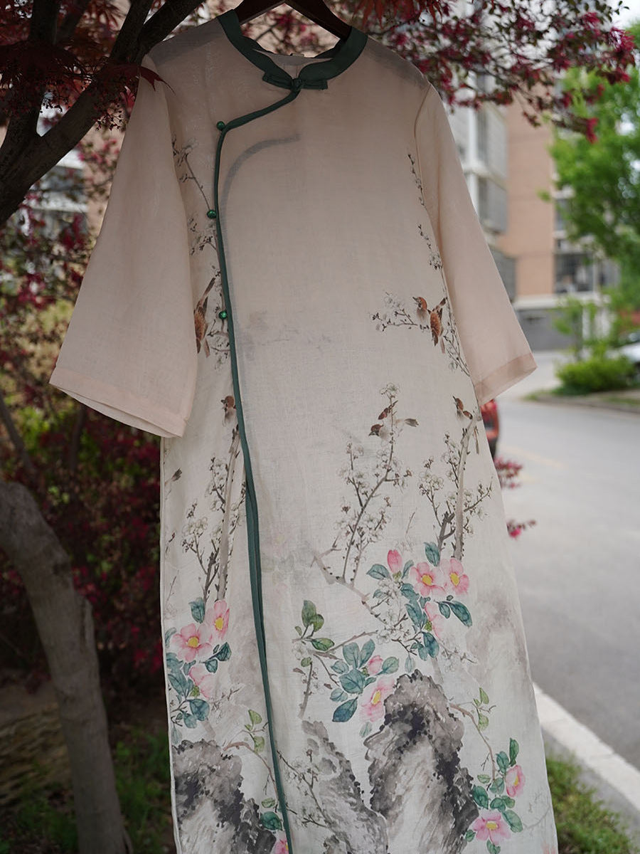 Women Ethnic Summer Flower Print Ramie Robe Dress XX1019