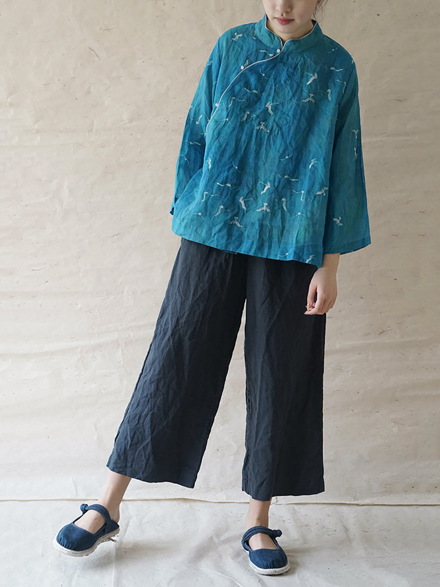 Women Ethnic Crane Spring Linen Shirt QW1004