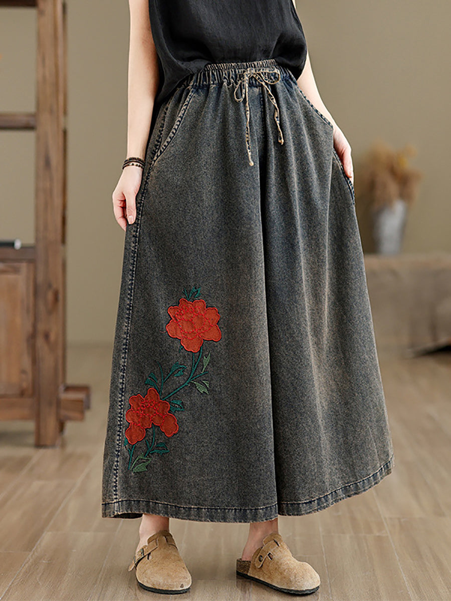 Pantalon large en denim à fleurs vintage pour femme OP1010 