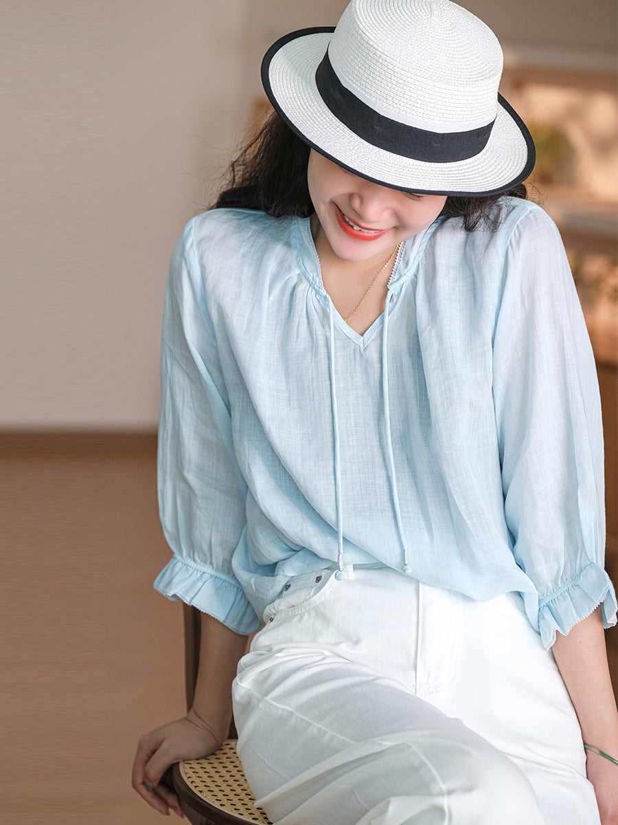 Women Summer Solid Ruffle-Sleeve Ramie Thin Shirt WE1026