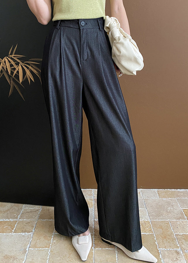 Casual Black Pockets Cotton Wide Leg Pants Summer WD003