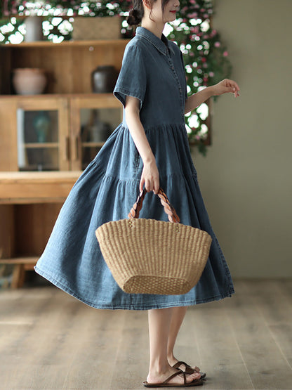 Women Summer Casual Solid Button-up Pleated Dress LL024