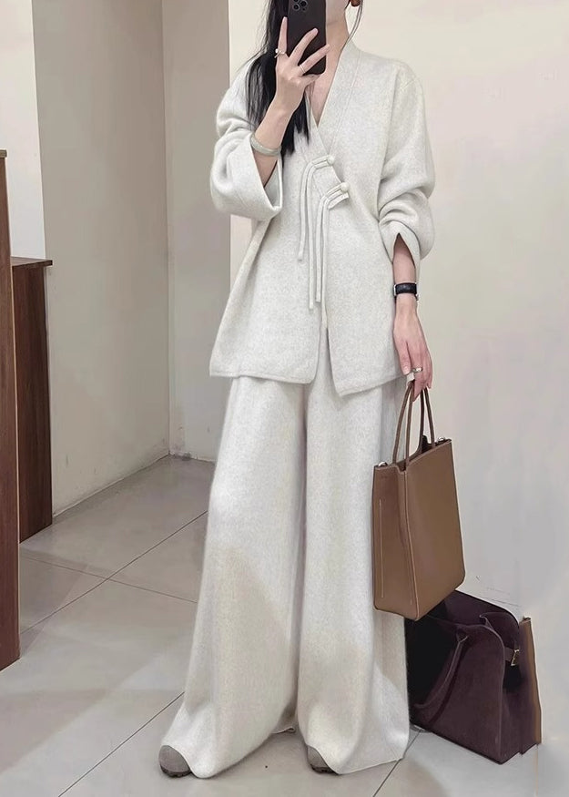 Brief Light Grey V Neck Button Knit Coats And Pants Two Piece Set Fall WV028