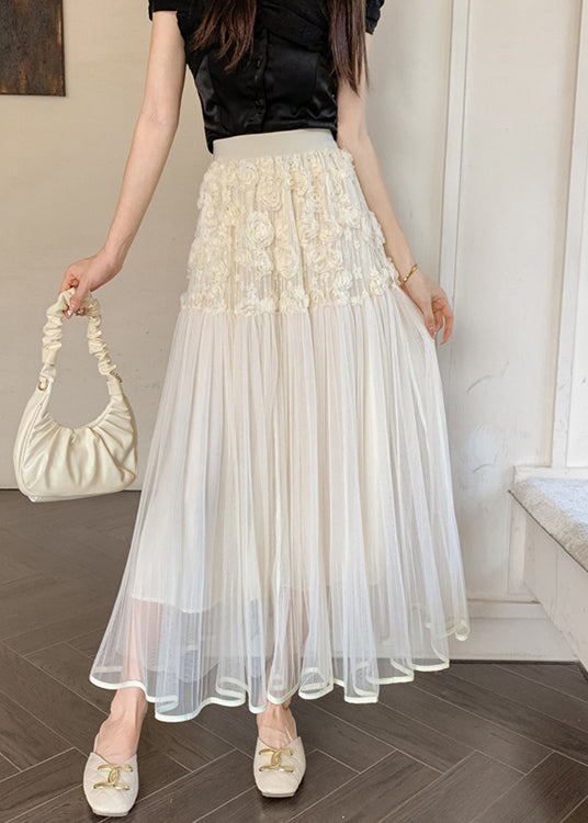 Unique Beige Floral Elastic Waist Tulle Skirts Spring RV011