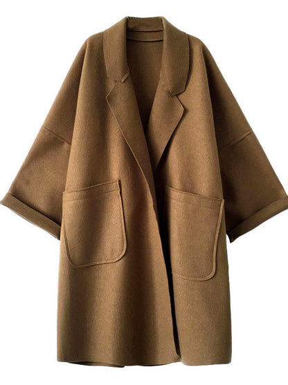 Elegant Loose Khaki Notched Collar Buttoned Pockets Long Sleeves Woolen Coat WS013