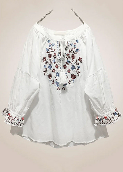 Grace Red Embroidered Lace Up Cotton Shirt Long Sleeve QR025