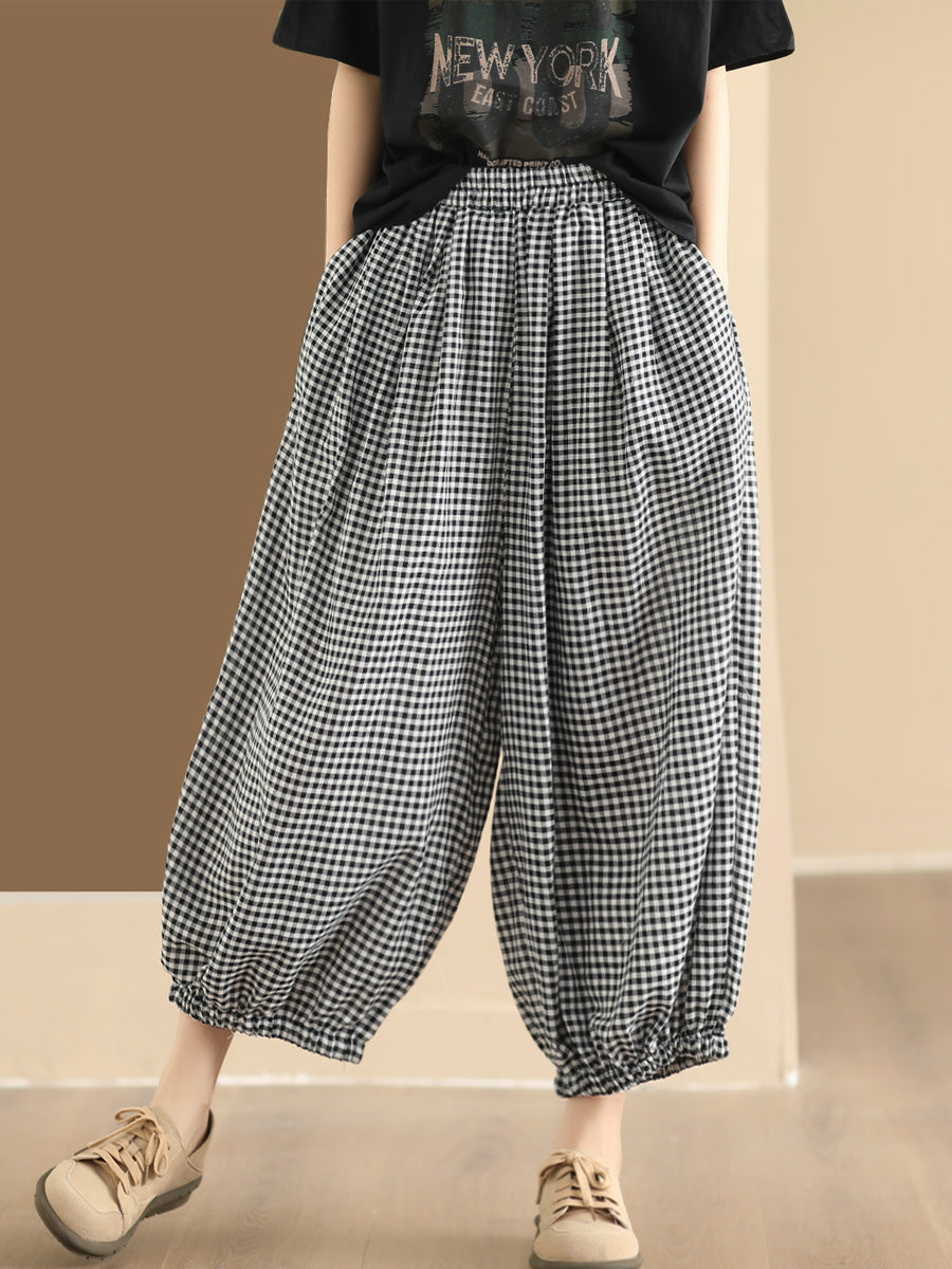 Women Summer Vintage Plaid Cotton Harem Pants ZZ1046