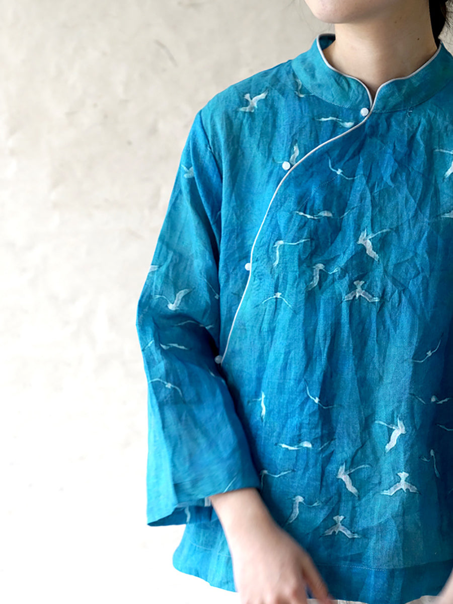 Women Ethnic Crane Spring Linen Shirt QW1004