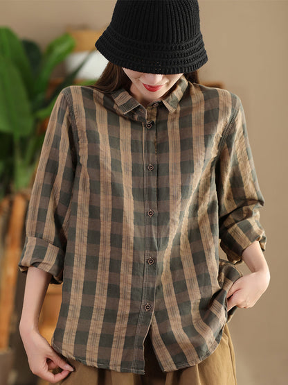 Women Autumn Vintage Plaid Button-up Linen Blouse AT1038