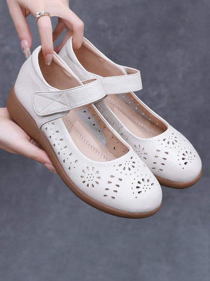 Women Summer Artsy Solid Leather Cutout Flat Shoes FG1024