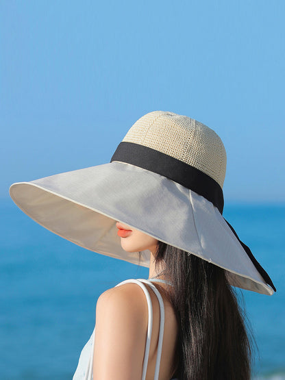 Women Summer Travel Large Brim Sunproof Spliced Hat QW1036