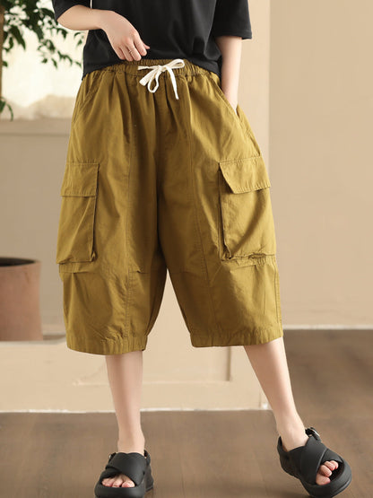 Women Summer Casual Solid Pocket Loose Cotton Fifth Pants FD022