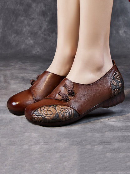 Women Spring Ethnic Flower Leather Spliced Flat Shoes KL1021