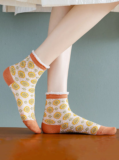 5 Pairs Women Flower Jacquard Lace Socks AS1010