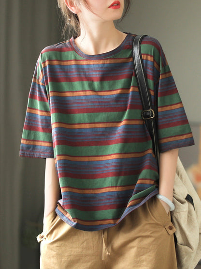 Women Casual Stripe Summer O-Neck Cotton Shirt XX1010