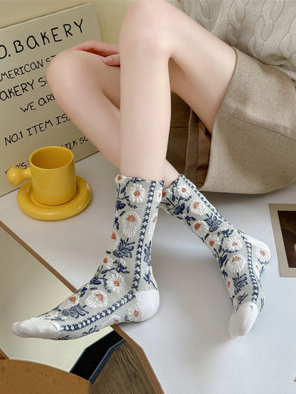 5 Pairs Women Artsy Flower Jacquard Cotton Socks AI1084