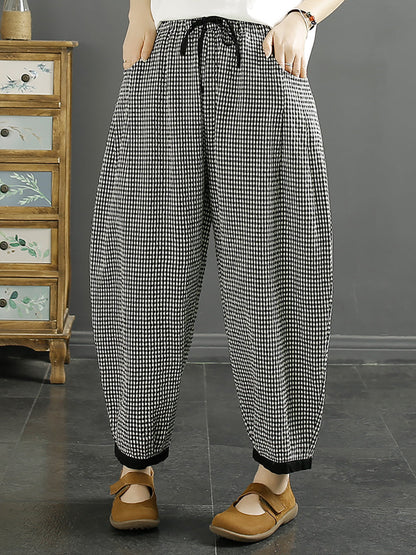 Women Vintage Plaid Summer Cotton Harem Pants QW1044